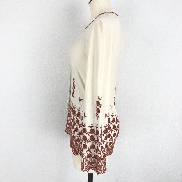 Fever Women's Size XS Boho Cream Burnt Orange Embroidered Tassel Tie Top Blouse - Picture 2 of 10